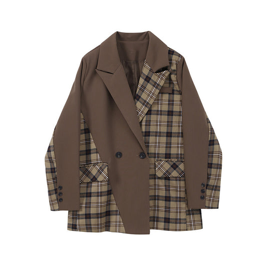 Stitching Plaid Brown Suit Loose Jacket