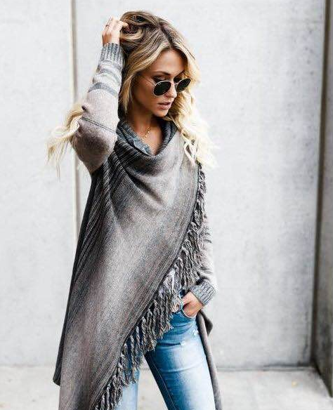 Medium Length Slim Fringe Striped Sweater Coat