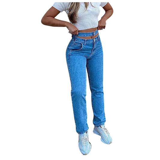 New High-Waist Washed Blue Long Jeans