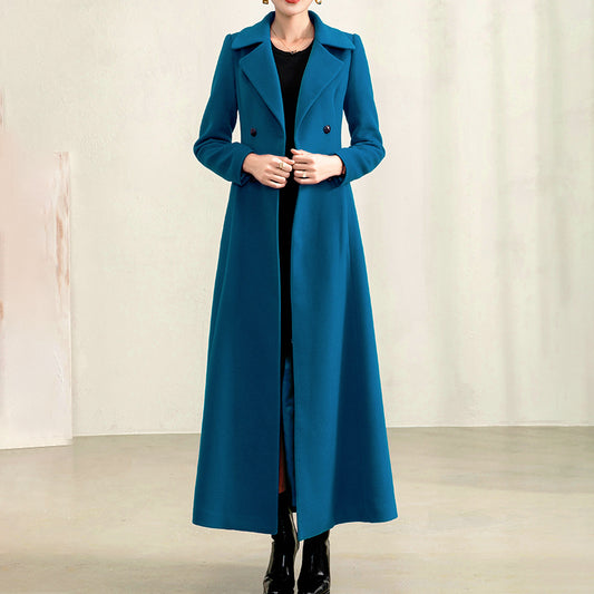 Temperament Double Breasted Solid Woolen Collar Woolen Coat