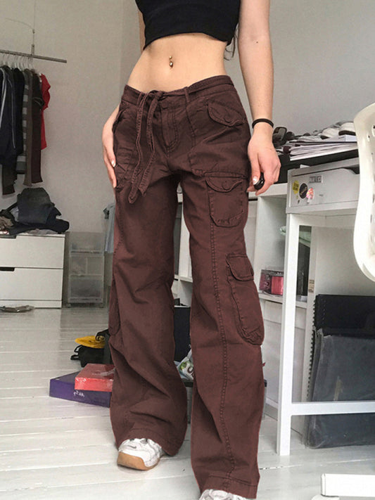 Multi-Pocket Work Low Waist Loose Fitting Casual Denim Pants