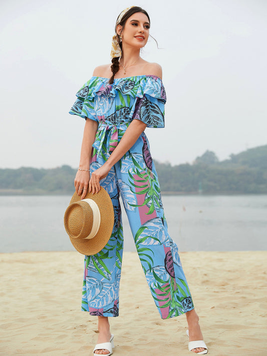 Woven One-Shoulder Chiffon Floral Resort Jumpsuit