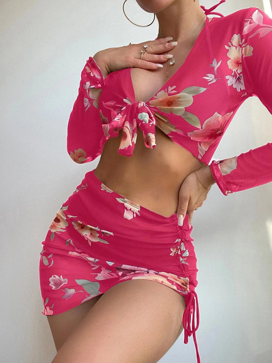 Printed Drawstring Long-Sleeve Blouse Bikini Four-Piece Set