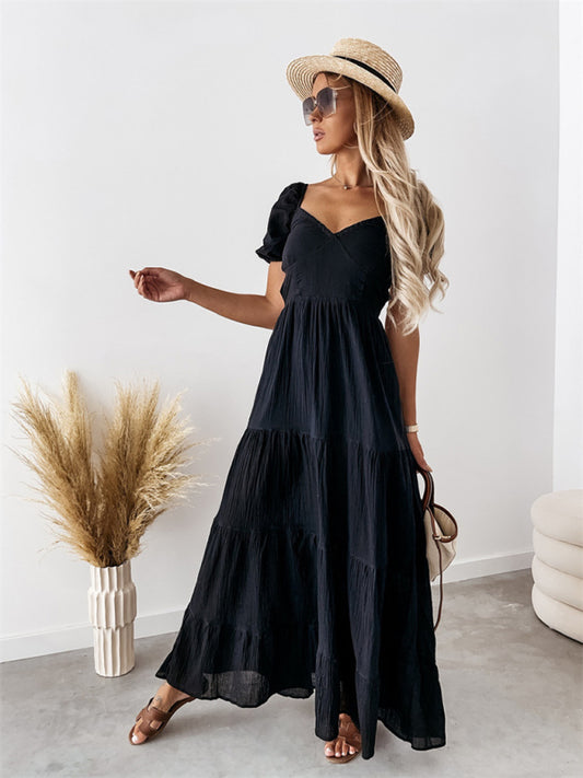 Sleeved Off-The-Shoulder Solid Color Backless Strappy High-Waisted Dress