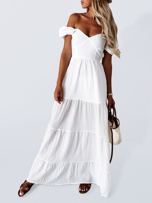 Sleeved Off-The-Shoulder Solid Color Backless Strappy High-Waisted Dress