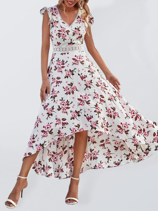 Printed Sleeveless Swing Skirt Lace Waist Dress