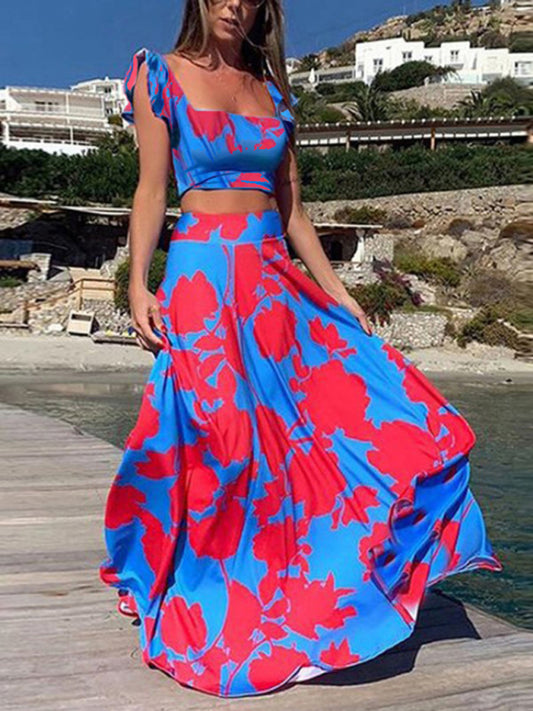 New Two-Piece Fashion Print Sexy Big Swing Skirt Suit