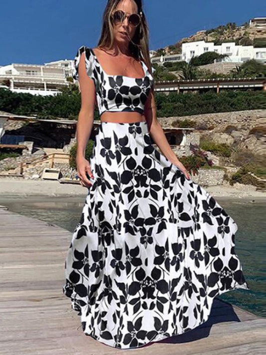 New Two-Piece Fashion Print Sexy Big Swing Skirt Suit