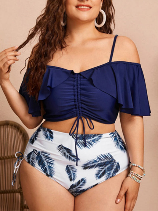 Plus Size Drawstring Ruffle Bikini One Shoulder Strap High Waist Swimsuit Set