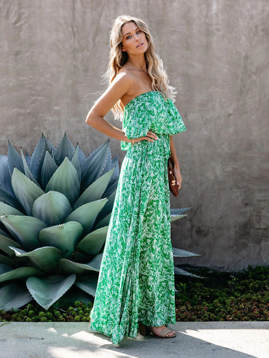 Leaf Print Off-The-Shoulder Ruffled Slit Dress