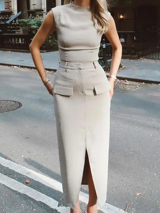 New Round Neck Slim Sleeveless Vest + Skirt Suit