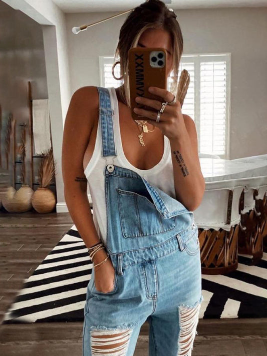 Washed Ripped Blue Overalls Jeans Jumpsuit