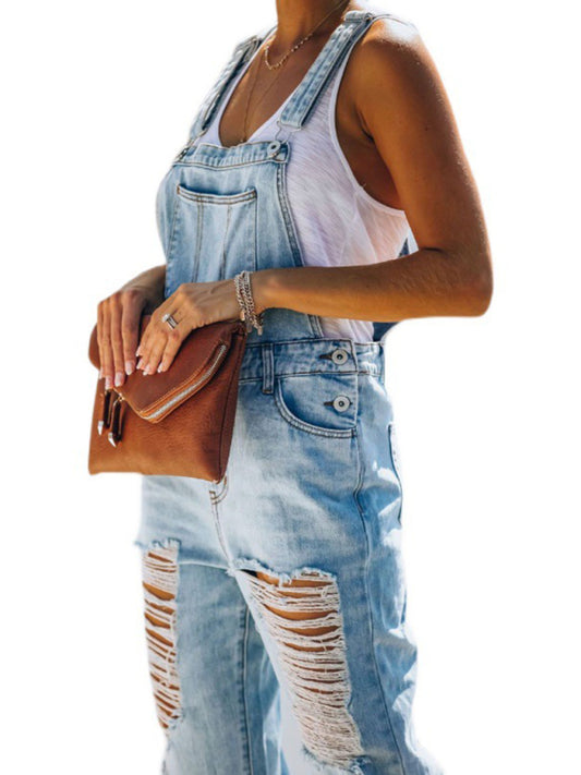 Washed Ripped Blue Overalls Jeans Jumpsuit