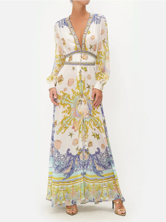 Elegant V-Neck Long-Sleeved Positioning Printed Dress