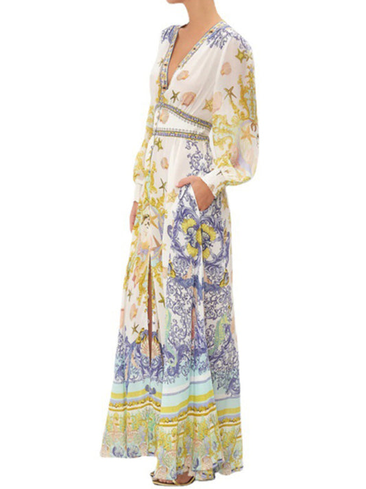 Elegant V-Neck Long-Sleeved Positioning Printed Dress