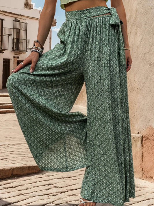 New Lace-Up High-Waisted Casual Printed Wide-Leg Trousers