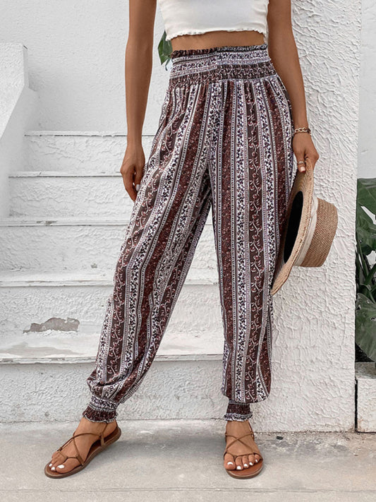 New Elastic Ethnic Style High Waist Printed Trousers
