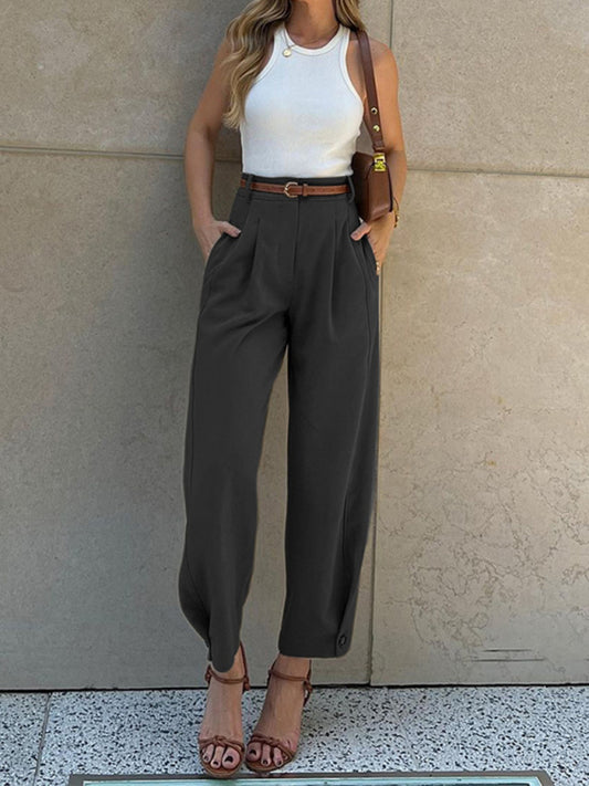 Fashionable Solid Color Loose High Waist Nine-Point Pants