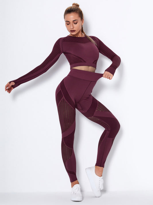 Seamless Tight Striped Long-Sleeved Pants Quick-Drying Sportswear Set