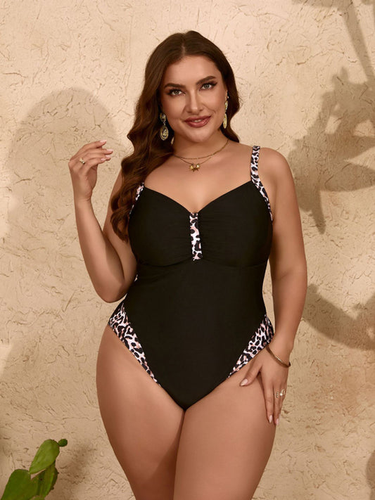 Plus Size Pure Black Leopard Print One-Piece Slim Swimsuit