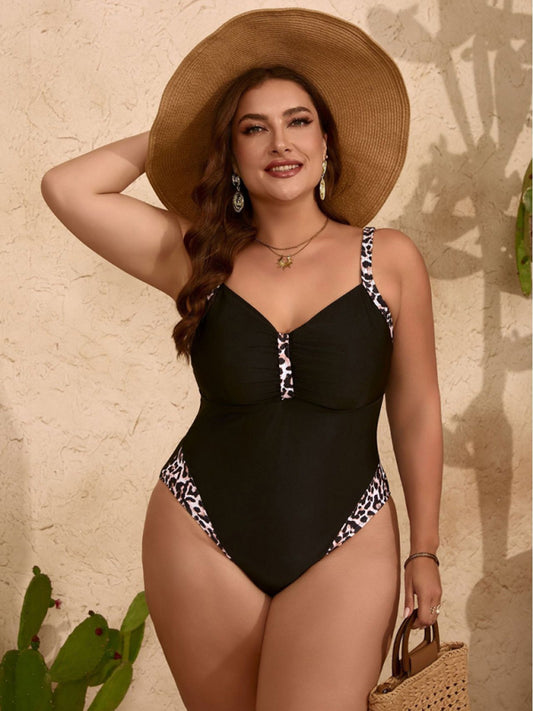 Plus Size Pure Black Leopard Print One-Piece Slim Swimsuit