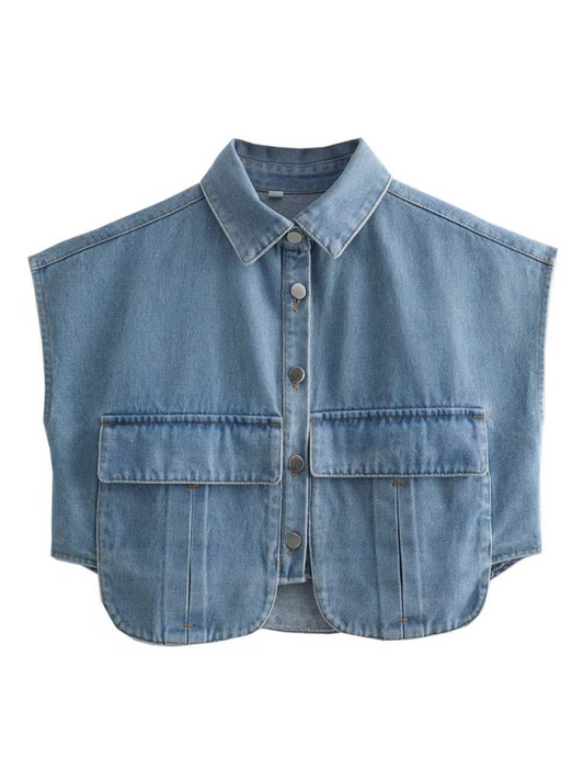 Solid Color Big Pocket Sleeveless Lapel Shirt Denim Top