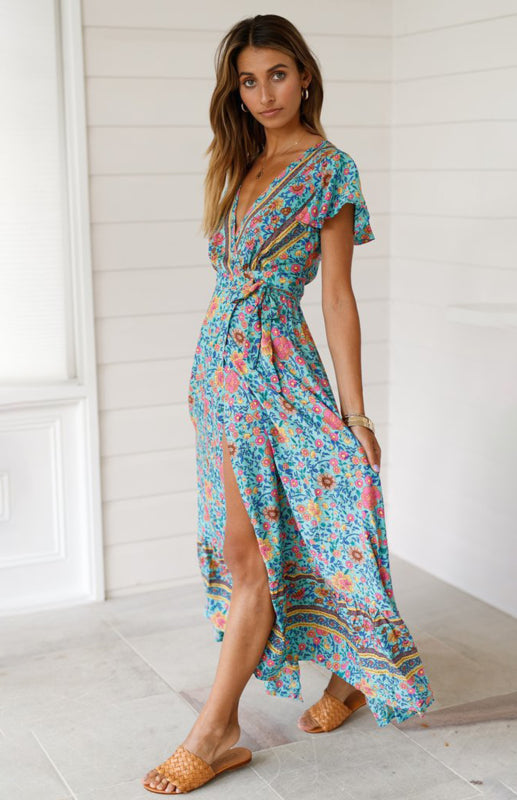 Deep V Neck Printed Slit Sexy Long Dress