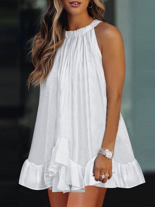 Halter Neck Ruffle Sleeveless Pleated Dress