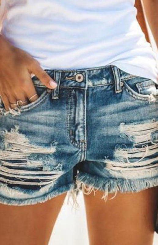 High-Waisted, Fringed, Cut-Out Denim Shorts