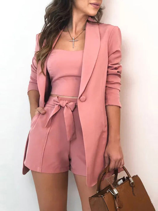 Solid Color Three-piece Suit Long Sleeve Blazer Matching Tank Top And Shorts