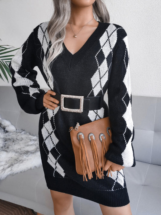 Rhombus Sweater Dress Knitted Dress (Without Belt)