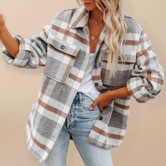 Spread Collar Long Sleeves With Button Cuffs Plaid Shirt-jacket