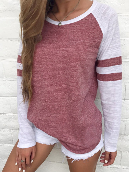 Contrast Color Long-Sleeved T-shirt Round Neck
