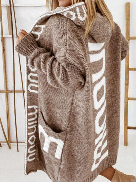 Autumn and Winter Mid-Length Cardigan Letter Hooded Knitted