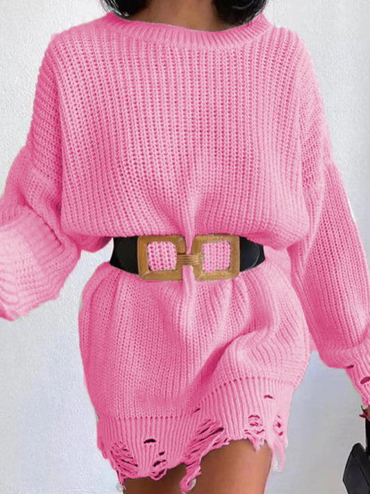 Solid Color Rip Distressed Hem Rib Knit Sweater Mini Dress