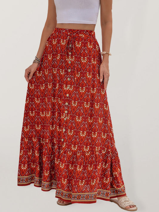 High Waist Printed Breasted Button Slit Skirt
