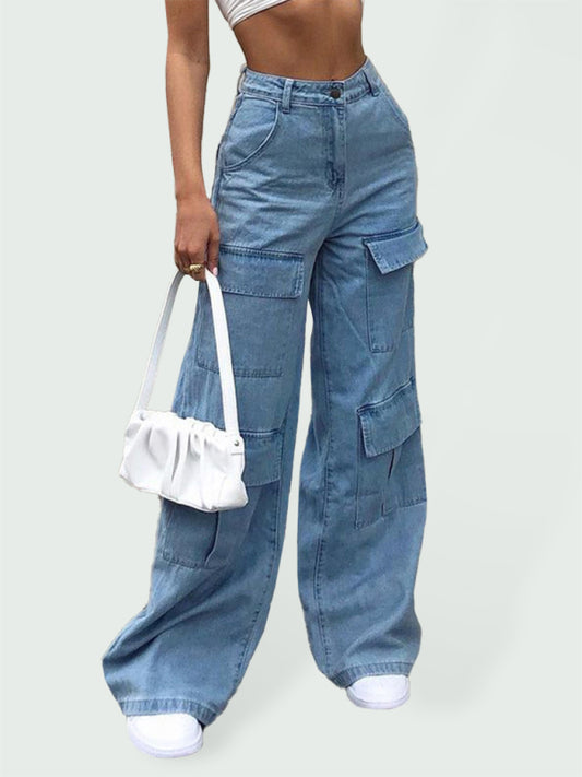 Multi-Pocket High Waist Cargo Denim Jeans
