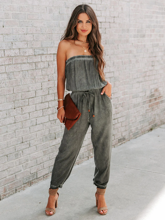 Wrapped Chest Washed Distressed Lace-Up Jumpsuit