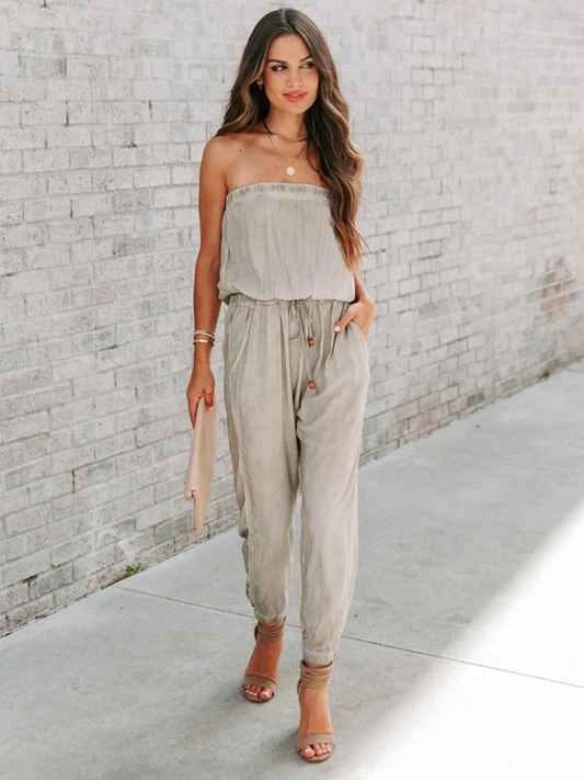 Wrapped Chest Washed Distressed Lace-Up Jumpsuit