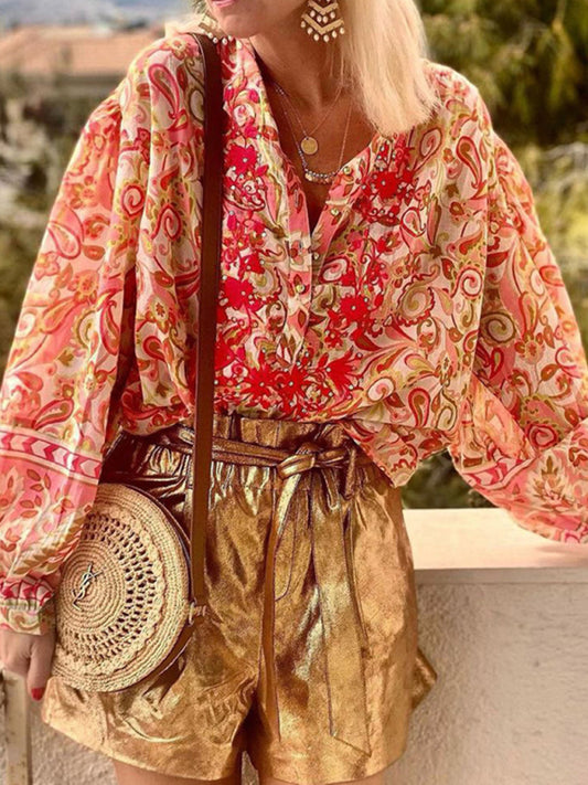 Casual Floral V Neck Button Down Long Sleeve Shirt