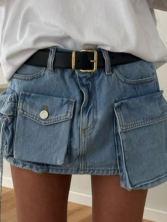 Irregular Big Pocket High Waist Zipper Denim Skirt