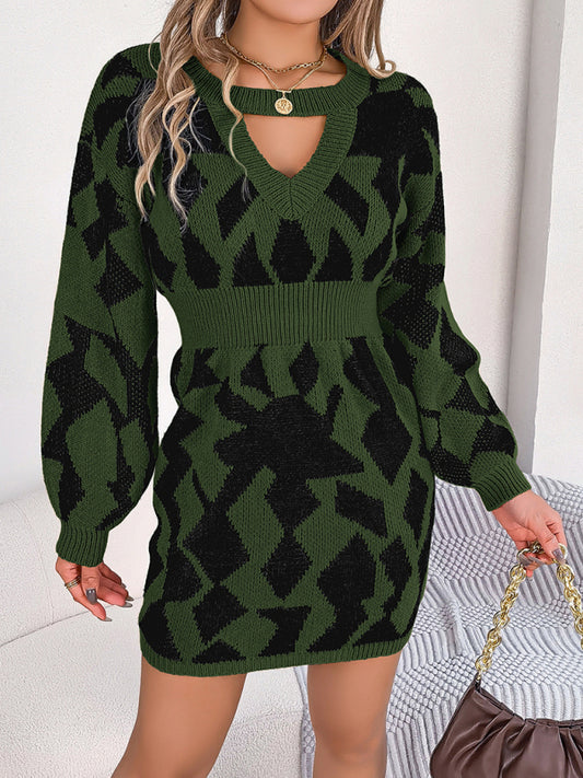 Casual Color-Blocked Hollow Lantern Sleeve Waisted Sweater Dress