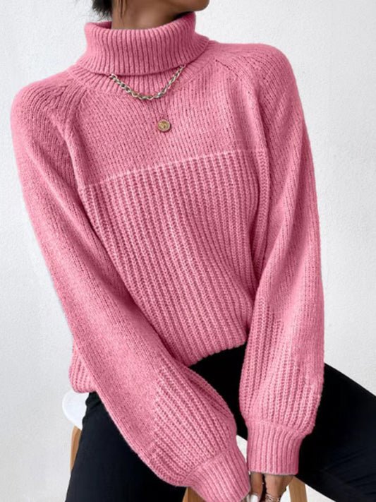 Simple Lapel Raglan Sleeve Pullover Knitted Sweater
