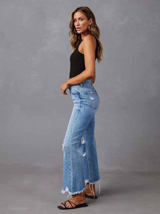 Tassel Washed Ripped Wide Leg Jeans