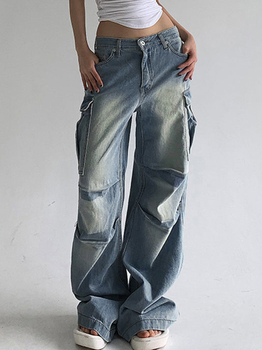 New Street Style Distressed Washed Pocket Splicing Jeans