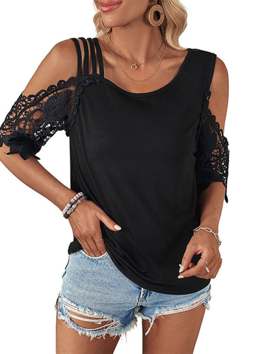 Lace Patchwork Knitted With Off-Shoulder Sleeves T-Shirt