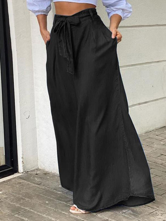 Elegant Strappy High Waisted Casual Plus Size Denim Maxi Skirt