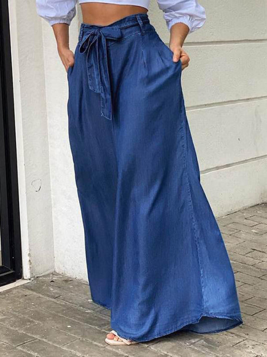 Elegant Strappy High Waisted Casual Plus Size Denim Maxi Skirt