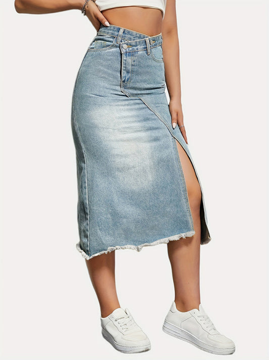 Denim Fashionable Slit Splicing Mid-Length A-Line Skirt