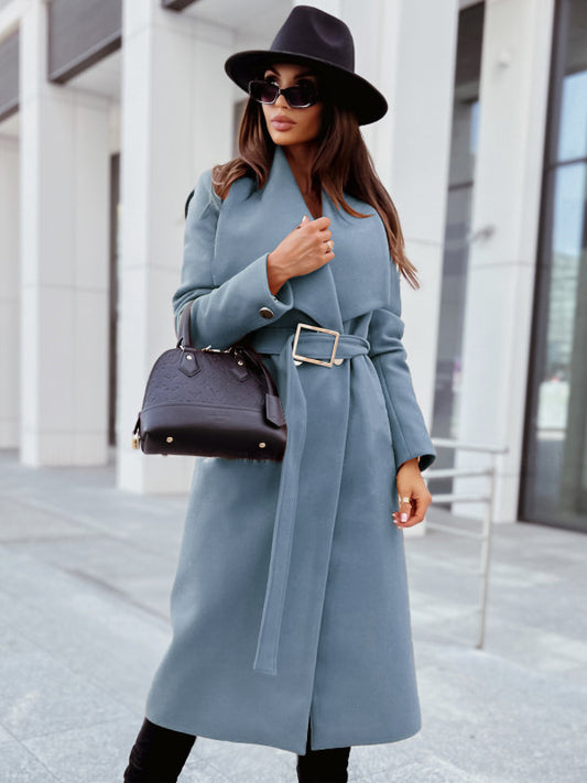 Long-sleeved buttoned V-neck strappy woolen coat